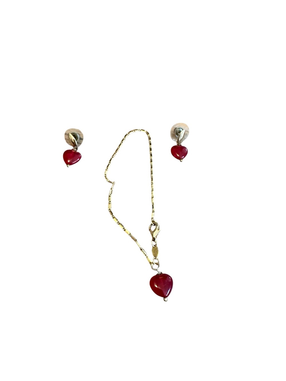Gold Chain Necklace and Stud Earrings Set with Red Heart Charms gold plated